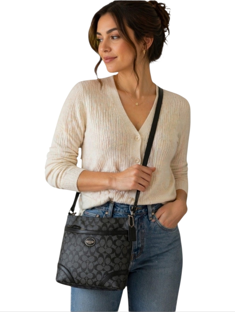 Coach Black Signature Monogram Crossbody Shoulder Bag Zip Top Canvas & Leather